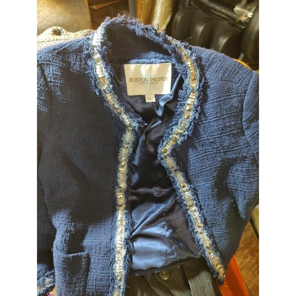 Boston Proper Rhinestone Embellished Boucle Tweed Black Jacket Size 10
